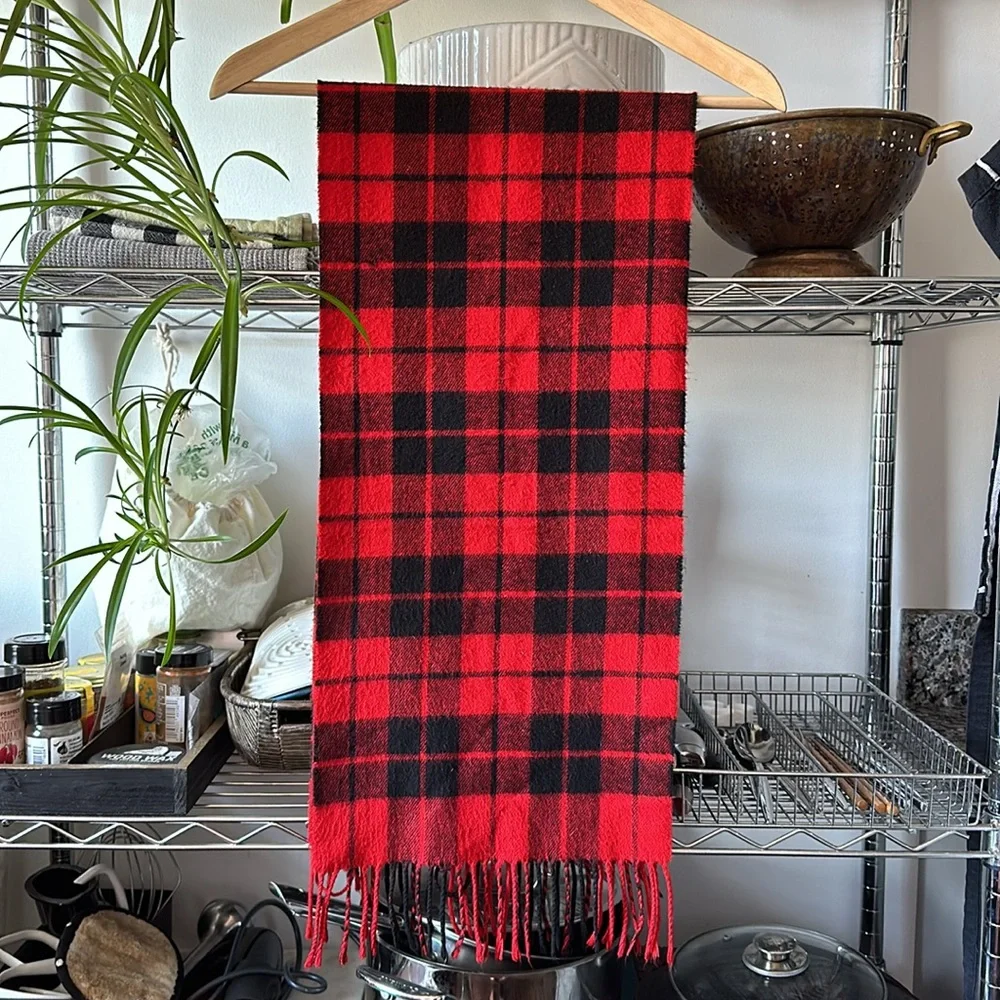 DIOR Vintage Plaid Tasseled Soft Scarf, Unisex, Red & Black